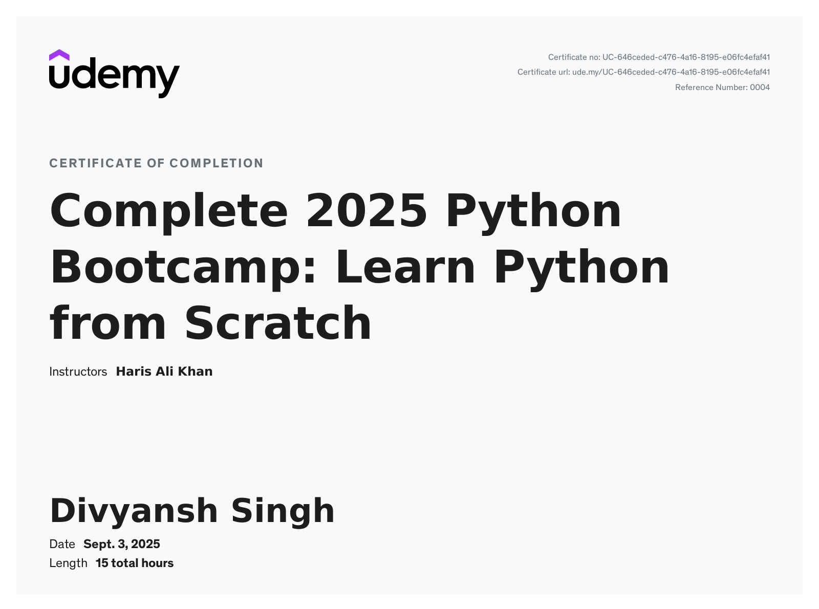 Complete Python Bootcamp Certificate